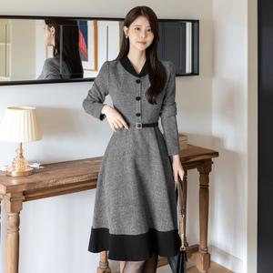 [시크라인] (~XXL까지) 베르베케 숄카라 배색 벨티드 트위드 원피스 겨울 하객룩 오피스룩 모임룩 격식룩 데이트룩