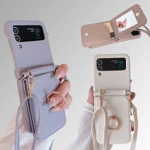 사찌몰 갤럭시 z플립 5 4 3 가죽 미러 링 스트랩 카드 케이스