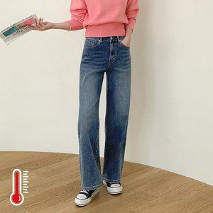 [진마니아]미들블루 히든밴딩 기모 안감 와이드 데님 팬츠