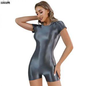 여성용 오일 광택 수영복 원피스 반팔 라운드넥 바디 수트 스포츠 러닝 요가 수영 타이츠 점프수트