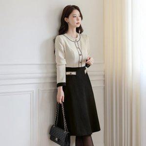 [시크라인] 다이라 트리밍 트위드 플레어 원피스