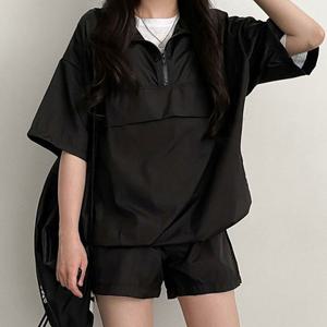 여성 캐주얼 여름 반집업 반바지 셋업 외출 코디