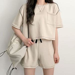 여성 반팔 반바지 스티치 디자인 여름 셋업