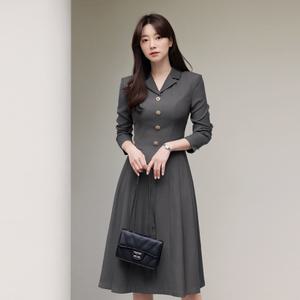 [시크라인] (~XXL까지) 헤온 더블카라 플리츠 플레어 원피스 봄 가을 오피스룩 하객룩 모임룩 미시룩 빅사이즈