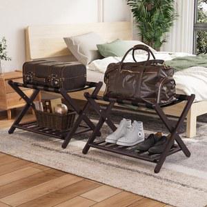 스머시 풀 어셈블리 브라운 러기지 랙 팩 2개, 업그레이드된 대나무 접이식 여행 가방 스탠드 5개, 게스트 룸 침실 호텔용 선반이 있는 홀더