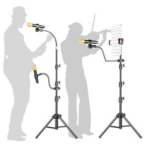 KEREAL 마이크 스탠드 삼각대, 구스넥 높이 21 201D에서 75 201D로 조절 가능, 태블릿 홀더가 있는 다기능 휴대용 바닥 스탠드, 노래, 스튜디오, 무대, 노래방, 키즈용 클립 2개