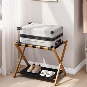 스마트 펜디 러기지 랙, 접이식 객실용 호두 대나무 여행 가방 스탠드 최대 131파운드, 호텔, 침실용 수납 선반이 있는 스탠드(1팩)