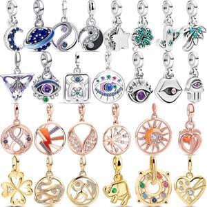 925 스털링 실버 미니 댕글 참 아이 트리 스타 문 클로버 펜던트 비즈 핏, 오리지널 판도라 ME 팔찌 쥬얼리