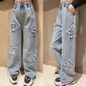 여아 주니어 스타와이드 별청바지 봄가을 연청 데님 바지 단품