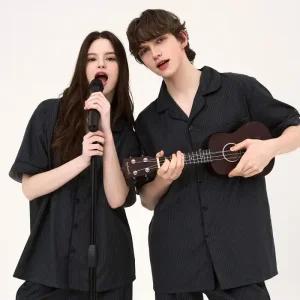 실크핏 모던 반팔 긴바지 커플 잠옷 세트