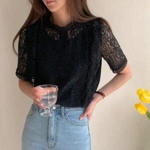 /옷자락 여자 데일리 레이스 시스루 블라우스