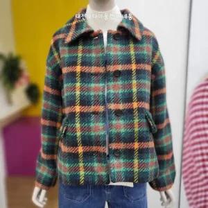 카라 울 체크 숏 코트 BACT57361 GN_DJ