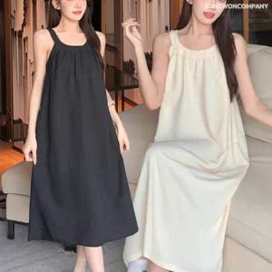  이너퀸 프리수 빅사이즈 여성용 민소매 나시 홀터넥 브라캡 캡내장 노브라 롱 A라인 원피스 잠옷 파자마 홈웨어 이지웨어 소프트무드원피스