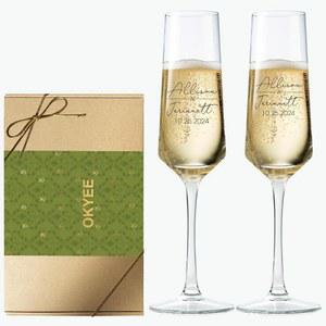 OKYEE 맞춤 샴페인 플루트 잔 8온스(2개 세트, 기프트 박스 포함 - 2025 커플을 위한 미스터 & 미세스 결혼 선물, 신랑 신부 건배, 베스트 프렌드, 발렌타인 각인