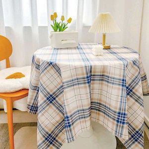 고품질 인테리어 테이블보 체크무늬 블루베이지 덮개 원형 (WFHS37Y)