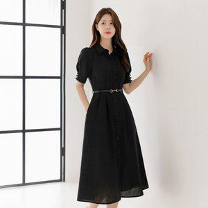 [시크라인] 조니엔 카라 퍼프소매 벨트 플레어 원피스