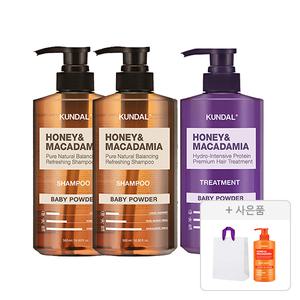 쿤달 네이처 샴푸 베이비파우더향 500ml, 2개+  트리트먼트 베이비파우더향,500ml,1개 + 증정(허니 앤 마카다미아 퓨어 바디워시 체리블라썸향 500ml ,1개 +쇼핑백,1개)