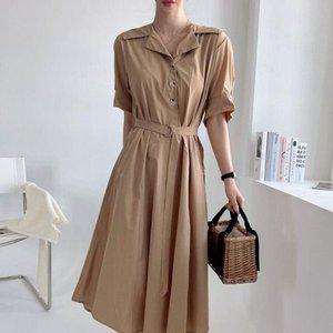 [옷자락]여자 결혼식하객룩 벨티드 포켓 카라 여름 롱원피스