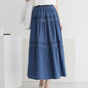 여자 프릴 캉캉 A라인 여름 데님 롱스커트