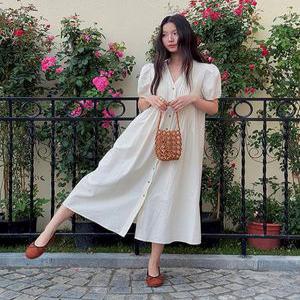 브이넥 주름 핀턱 롱 벨트 정장결혼식 버튼 휴앤핏 여름 원피스 하객룩 루즈핏 상견례
