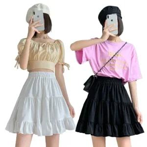 여름 캉캉 미니 스커트 플레어 여성 밴딩 흰색 프릴 치마