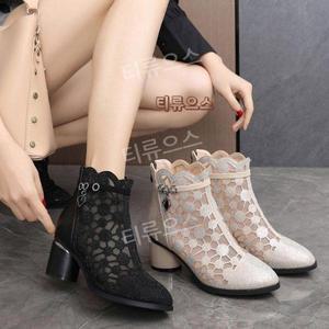 자연친화적인 우아한 망사 부츠 키작녀 앵글 가보시 통굽워커댄스앵클여자신발부추뾰족코검정망 여름