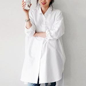 빅사이즈 오버핏 셔츠 여성 롱 블라우스 봄 가을 스트라이프 화이트남방