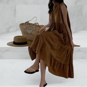 여성 클래식 핀턱 셔링 민소매 롱 캉캉 드레스