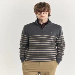 헤지스 남성 24FW [스테디셀러] 차콜그레이 스트라이프 면 긴팔반집업티셔츠 WHTS4D534CG