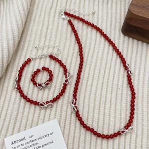 여성 레드 마노 비즈 리본 반지 팔찌 목걸이