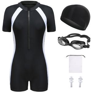 루이스 여성 반신수영복 반팔 2부 실내수영복 일반용수경 세트