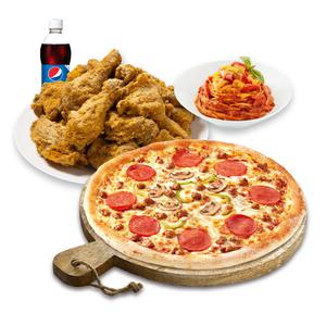 [피나치공] 뿌리공피치세트M(콤비네이션피자M+뿌리공치킨(뼈)+스파게티+콜라500ml)