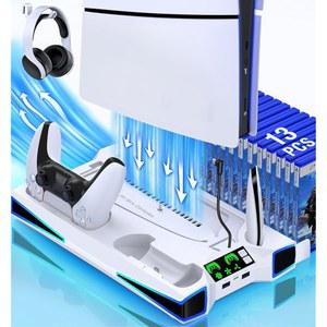 PS5 / 슬림 콘솔용 냉각 스테이션, 2023 스탠드용 컨트롤러 충전기, 3레벨 팬 및 RGB LED, 헤드셋 홀더, 3개의 충전 포트, PS5용 액세서리 포함