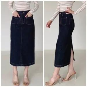 여성 스판 밴딩 논페이드 앞포켓 H라인 데님 롱스커트 청치마