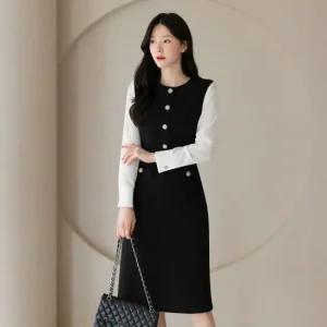 [시크라인] 디에론 실버 버튼 소매배색 원피스