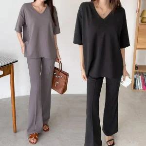 여성 링클프리 브이넥 반팔 롱티셔츠 스판 부츠컷 밴딩 바지 세트 꾸안꾸 투피스 셋업 -WPST0062- 봄 가을
