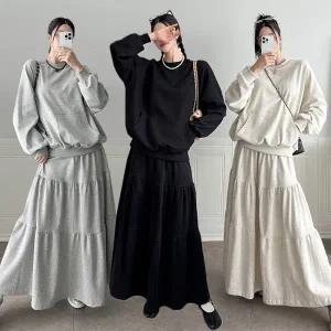 여성 88까지 면 무지 맨투맨 티셔츠 캉캉 롱 스커트 세트 꾸안꾸 투피스 셋업 -WSST0099- 봄 가을