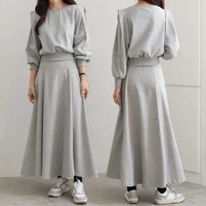 여성 면 무지 퍼프 맨투맨 롱스커트 트레이닝 세트 츄리닝 꾸안꾸 투피스 셋업 -WSST0033- 봄 가을