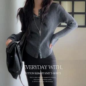 핫핑 [여리핏/울혼방] 셀던 라운드넥 슬림베이직 트임 긴팔 울니트티