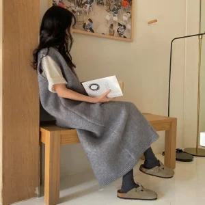 가을 겨울 브이넥 니트 롱 조끼 원피스 여성용 루즈핏 베스트