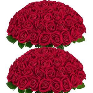 [미국배송] 블루룸 케이드 50피스 레드 로즈 인조 꽃 리얼 터치 벨벳 장미 가짜 꽃 대량 긴 줄기가 있는 꽃다발 신부 DIY 웨딩 파티 센터피스 장식