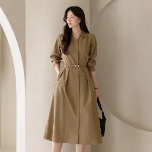 [시크라인] (~XXL까지) 세린솔 오픈카라 벨트 플레어 원피스 가을 하객룩 오피스룩 모임룩 격식룩 빅사이즈