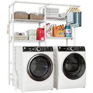 ULIFHOME U14 세탁기 및 건조기 보관 선반, 4단 세탁실 정리 시스템, 옷걸이 막대 2개가 있는 공간 절약형 옷 건조대, 66.5인치 W x 20.5인치 D 77.4인치 H, 화이트