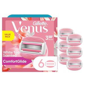 질레트 비너스 컴포트글라이드 화이트 티 여성용 면도날, 3 블레이드 면도기 리필, 6 카운트