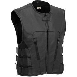 IKLather Swat 스타일 가죽 조끼 남성 오토바이 바이커 전술 블랙 스트레치