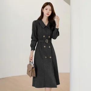 [시크라인] (~XXL까지) 코센 플랫카라 더블버튼 벨트 플레어 원피스 가을 하객룩 오피스룩 모임룩 격식룩 빅사이즈