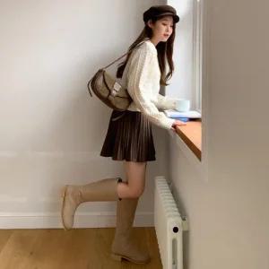 여자 겨울 잔 주름 플리츠 플레어 뒷밴딩 미니 스커트