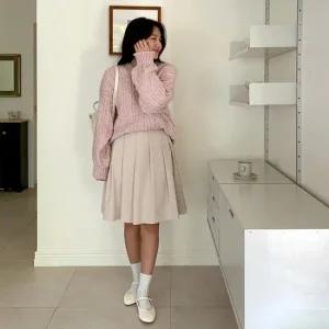 여자 피치 기모 테니스 플리츠 밴딩 겨울 미디 스커트