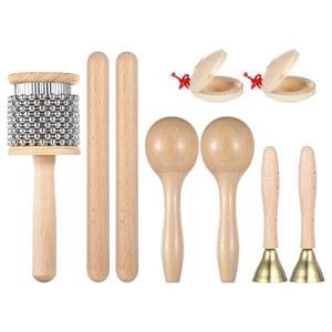 9개의 악기 세트, 나무 카바사, 리듬 스틱, 마라카스, 캐스터네츠, 핸들 벨을 포함한 손 타악기