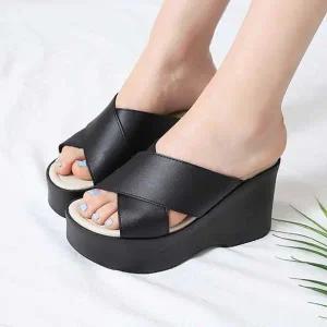 웨지힐 여자 통굽 슬리퍼 가죽 스트랩 미용실 교사-W904A3F